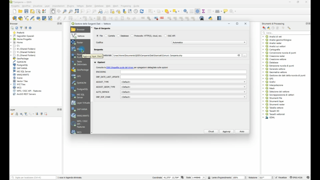 Caricare Layer Vettoriale QGIS